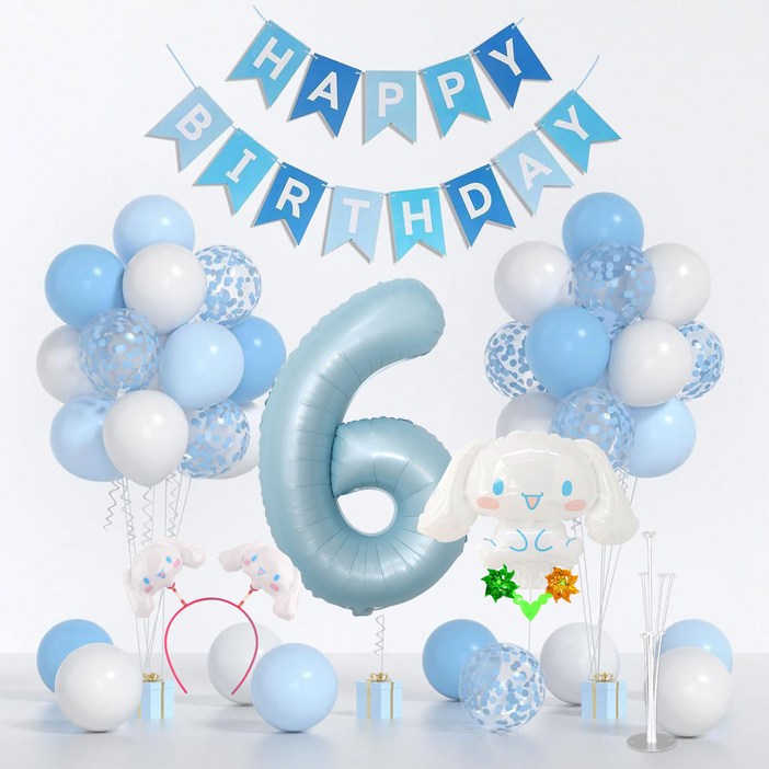 뷰라뷰 캐릭터 생일파티 풍선 세트, 산리오 시나모롤 숫자6, 1세트