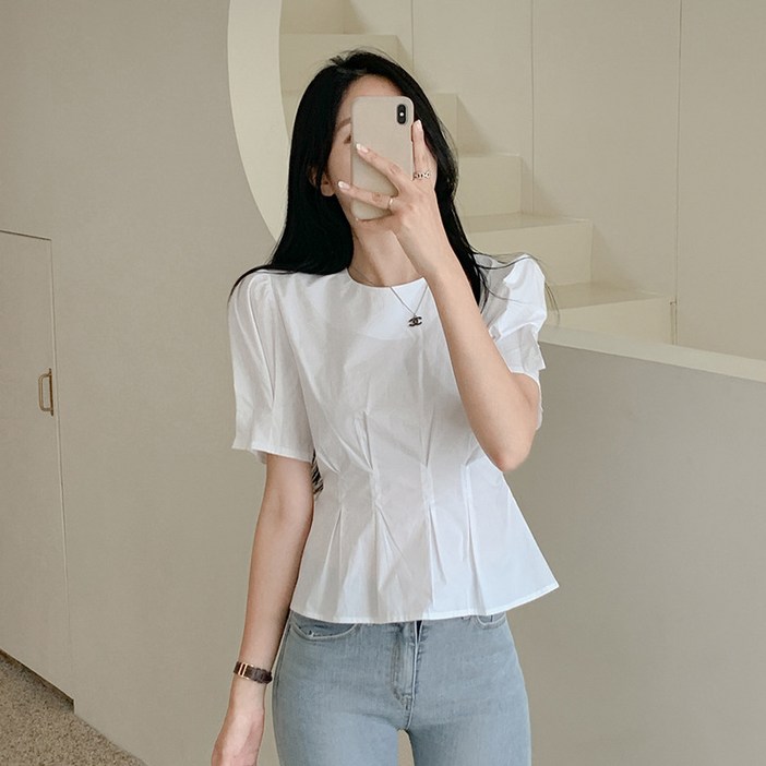 피어니스트 허리라인 주름 퍼프 슬리브 반팔 블라우스