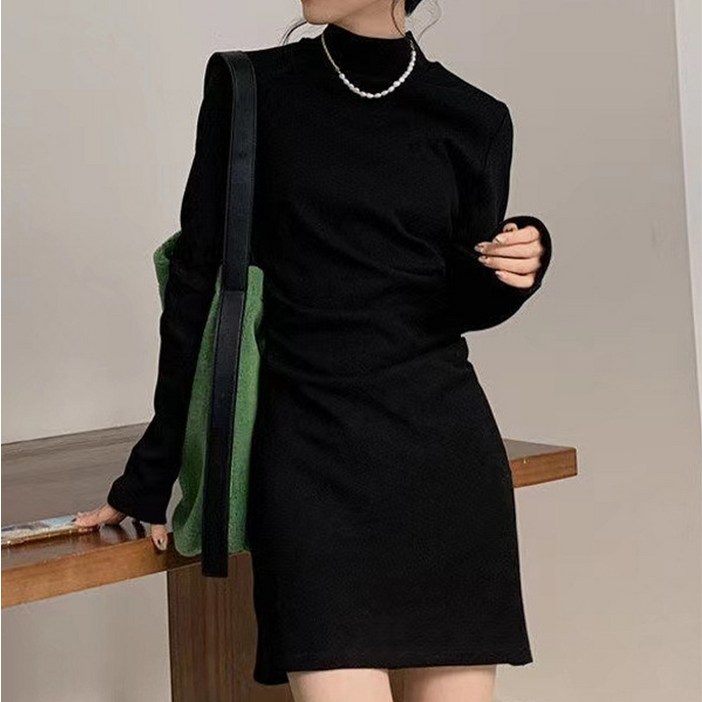 마켓에이 여성용 솔레 셔링 연말 겨울 반폴라 미니 원피스