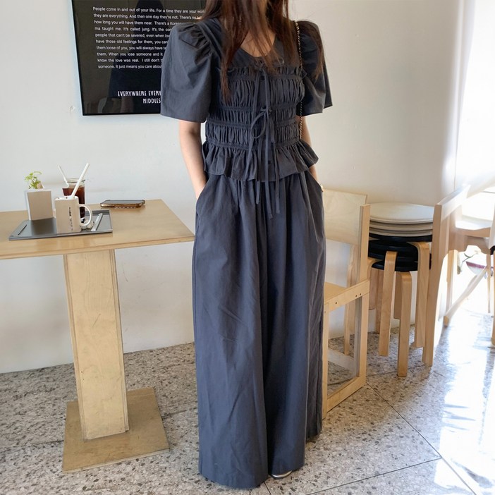 페이퍼먼츠 셔링 퍼프 블라우스  와이드 팬츠 세트 11151