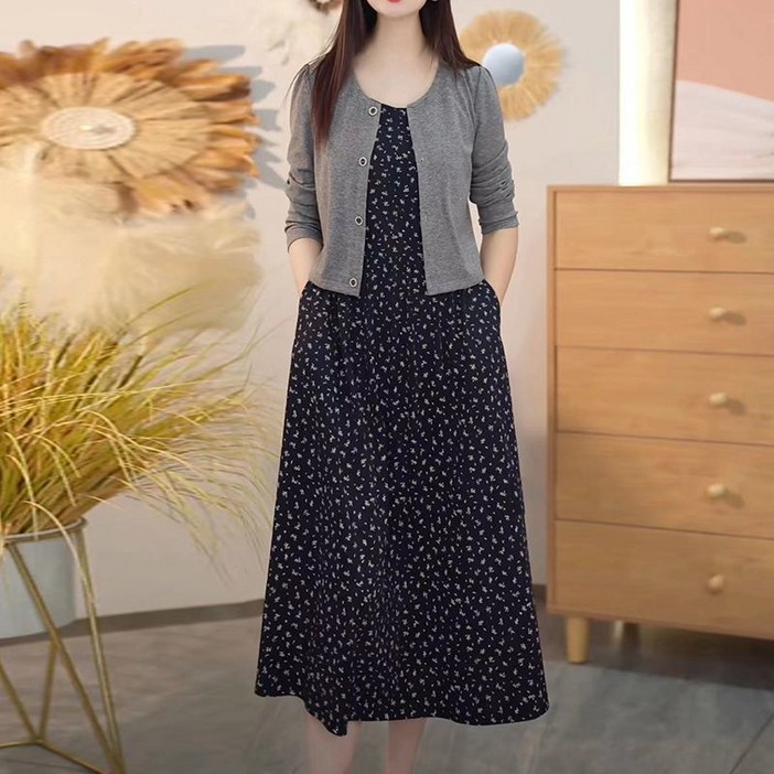 중년 여성 봄 캐주얼 스커트 세트 엄마 긴팔 가디건  플라워 롱 원피스 세트 캐주얼 스타일 JS