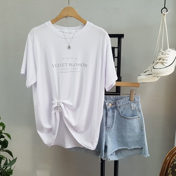 상상그이상 여성용 촉감왕 블로썸 레터링 레이온 반팔 티셔츠