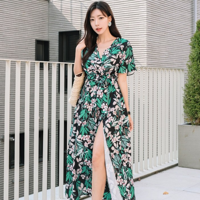 헤링본 여름 비치원피스 롱 빅사이즈 반팔 플라워 스트랩 브이넥 루즈핏 휴양지 바캉스 리조트 비치웨어 HG141