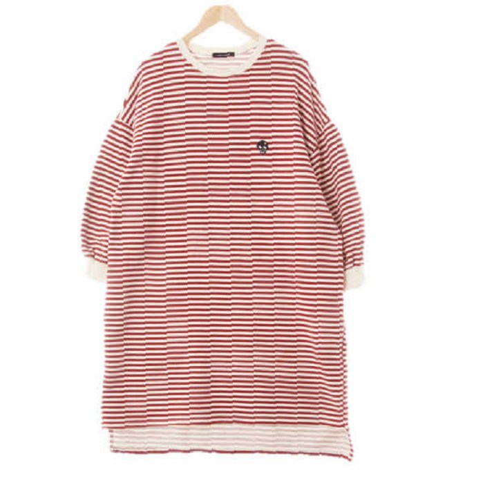 1724 코데즈컴바인 레드마호가니아이보리 스트라이프 면 해골패치롱원피스 Free