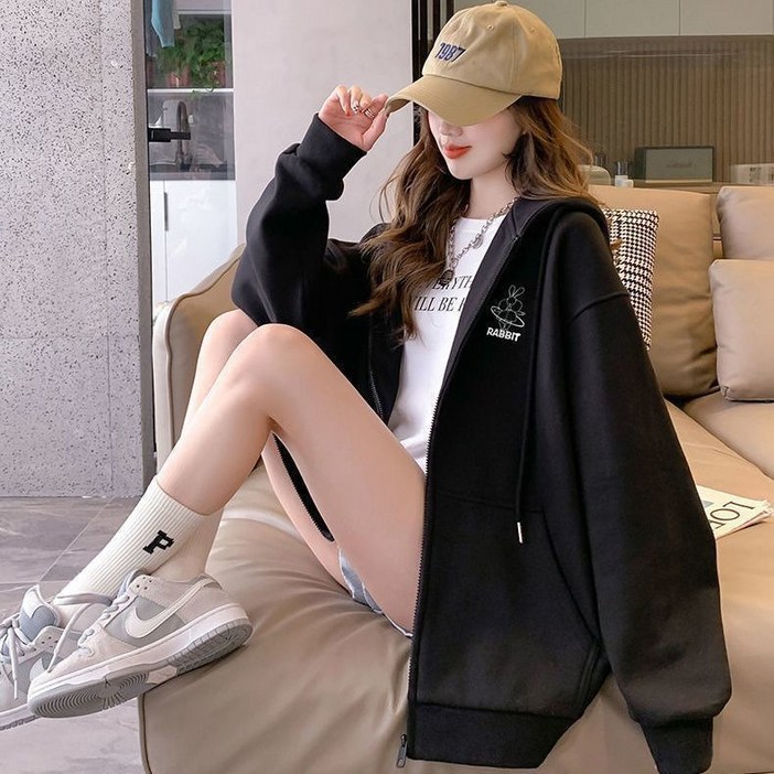 여성 가을겨울 심플 토끼 자수 캐주얼 오버핏 후드집업 기모있음없음 후드 점퍼
