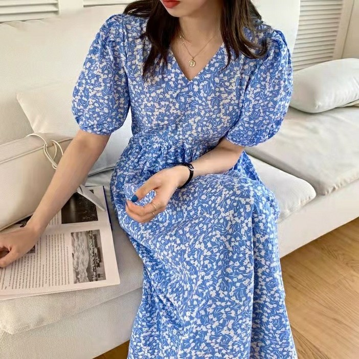 꽃무늬반팔퍼프롱원피스(시원한재질)