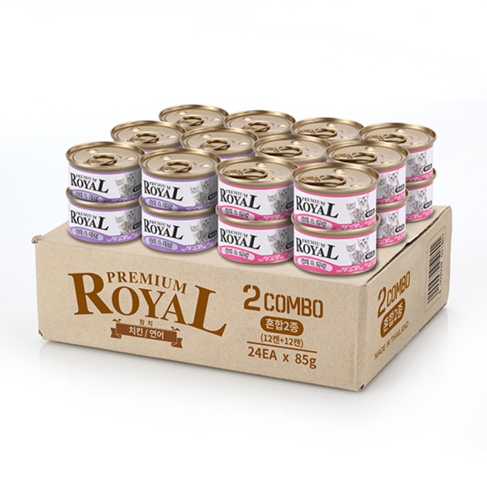 프리미엄 로얄 고양이캔 치킨연어 반반콤보 2가지맛 24개, 85g, 24개 프리미엄 로얄 고양이캔 치킨연어 반반콤보 2가지맛 24개, 85g, 24개