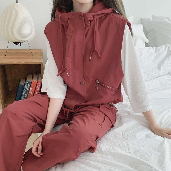 파인스토리 여성트레이닝복세트 후드 집업 조끼 카고 스트링 밑단 일자 조거 투웨이 팬츠