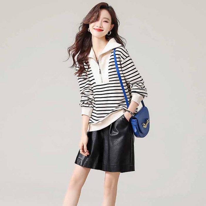 AOKADA 여성 봄 가을 오버핏 스트라이프 맨투맨 티셔츠 상의