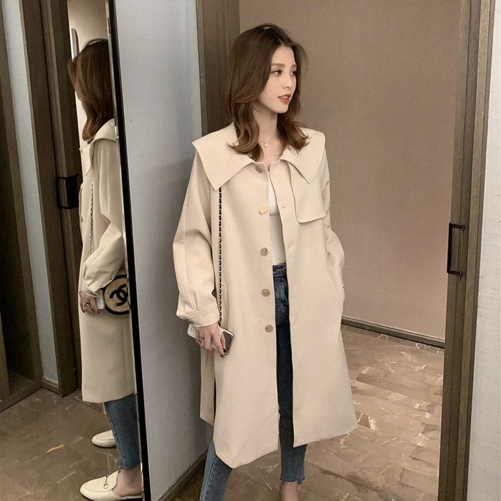 FANSYLI 빅카라 트렌치 코트 여성 봄가을 루즈핏 하프코트 캐주얼 통근자켓 상의 W2408A12