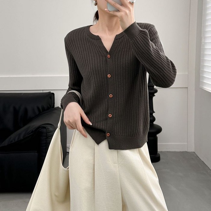 울 브이넥 골지 니트 여성 가디건 긴팔 데일리