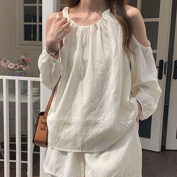 블라우스 어깨트임 여성 여자 투피스 치마바지 세트 밴딩