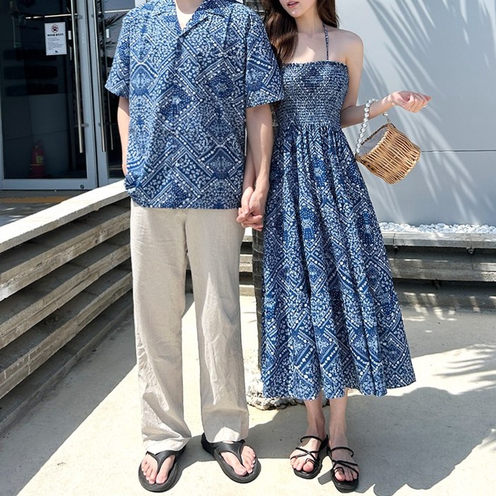 가비진 여성용 페이즐리 홀터넥 스모크 끈 원피스 페이즐리 반팔 셔츠 남녀 커플룩 시밀러룩 휴가룩 바캉스룩 세트 남녀개별구매
