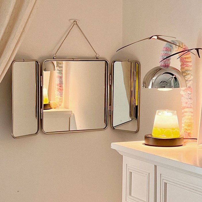 넥스오라 미니멀 빈티지 삼면경 거울 스테인리스 접이식 탁상 거울 벽걸이겸용 감성 인테리어 화장대 거울
