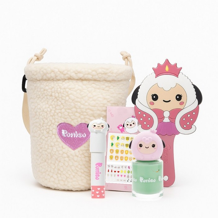뿌띠슈 어린이 화장품 핸드백 가방 세트 초등학생 여아 5종 선물세트 뽀글이 가방손거울립크레용매니큐어 네일스티커, 1개, 뽀글이가방 세트