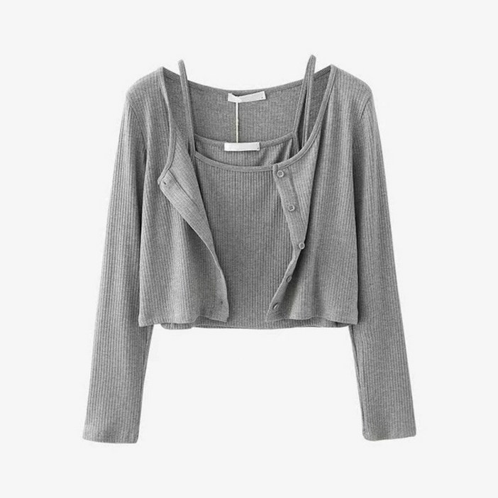 TIMEPURE 여성 골지 니트 크롭 가디건 나시 투피스 세트