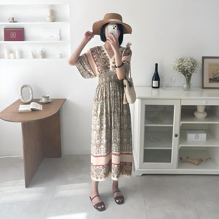 마쿠쿠 브이넥 에스닉 보헤미안 반팔 여성 쉬폰 롱 원피스 휴양지 바캉스