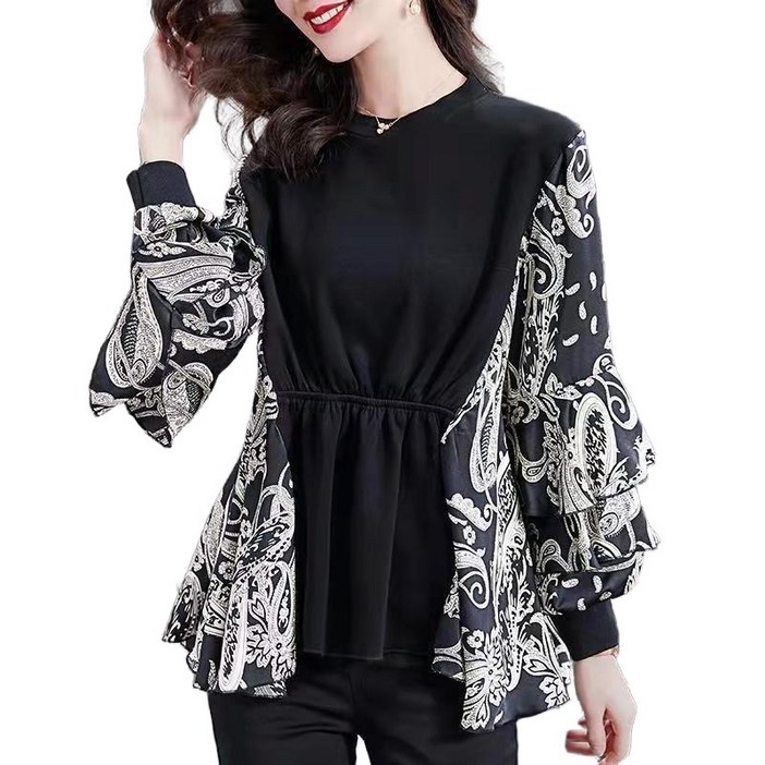 JUSTFEELING 100kg까지 빅사이즈 여성 티 셔츠 허리밴팅 배색 블라우스 중년 상의