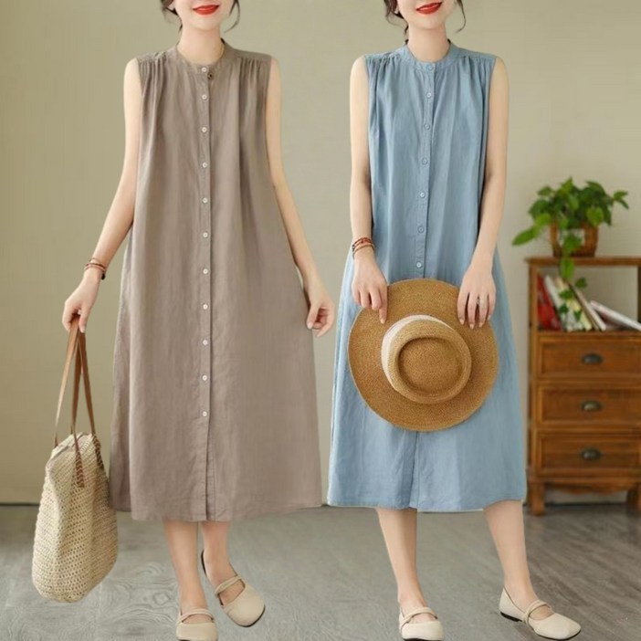 여성 여름 캐주얼 민소매 린넨 롱 원피스 버튼 라운드넥 무지 면마 휴양지 원피스 빅사이즈