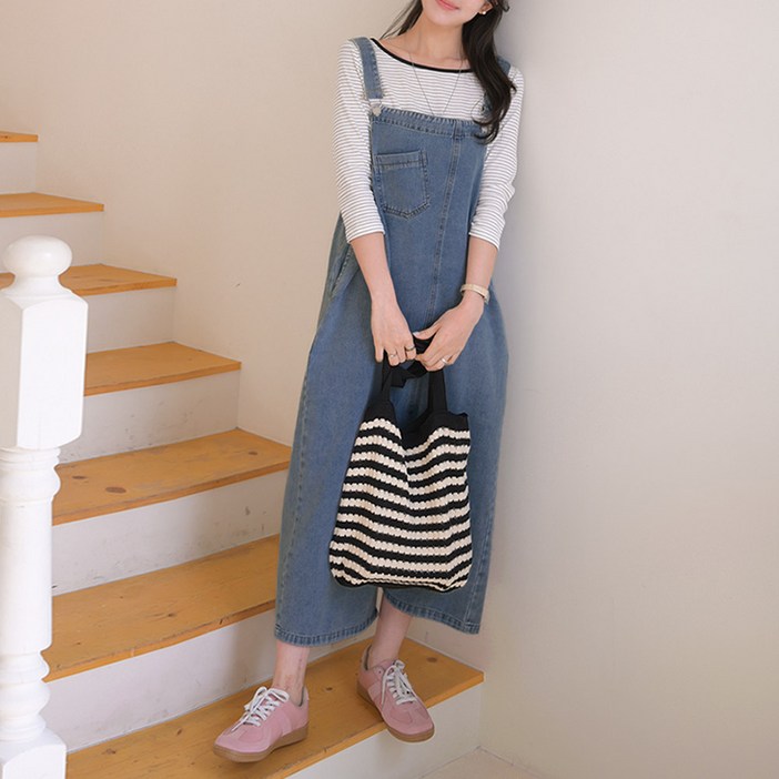 데일리앤 테리 데님 롱 원피스 자체제작 빅사이즈 H라인 청 멜빵 레이어드