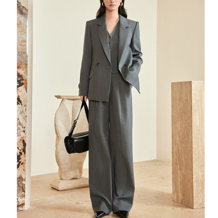 쓰리피스 여성정장세트 3피스 슈트 조끼 베스트 더블자켓 와이드팬츠 하객룩 면접복장