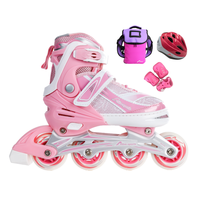 인라인세트 사이즈 조절형 아동용 발광바퀴 인라인 스케이트헬멧보호대가방, 스마트 핑크, 1개