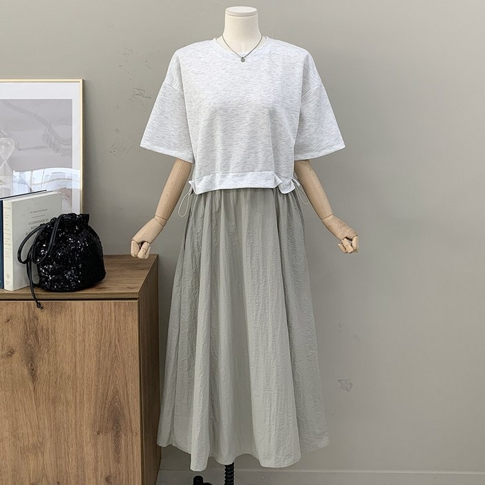 행복여 아일리 레이어드 배색 허리 스트링 플레어 롱 원피스