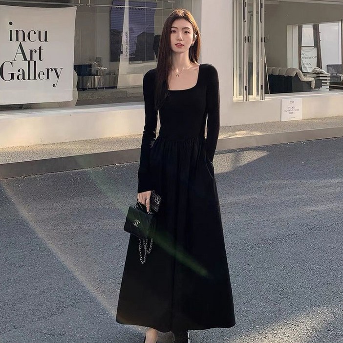 COSYEVNO 봄 여성 긴팔 롱 원피스 A라인 슬림핏 패션 부드러움 허리 조임 스퀘어넥 롱스커트