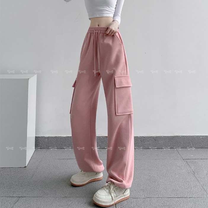 일이오 여성 일자핏, 조거 스타일 와이드 카고 밴딩 트레이닝 팬츠 S~XL