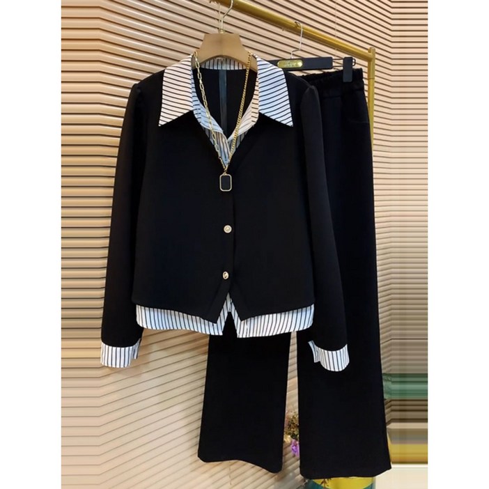 여성 봄 가을 투피스 중년 단정한 스트라이프 배색 셋업 정장 팬츠 세트