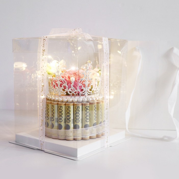 용돈박스 비누꽃 생신 생일 용돈 이벤트 (왕관돈케이크 + 전용쇼핑백 + 페이크머니 + LED전구), 1개, 핑크