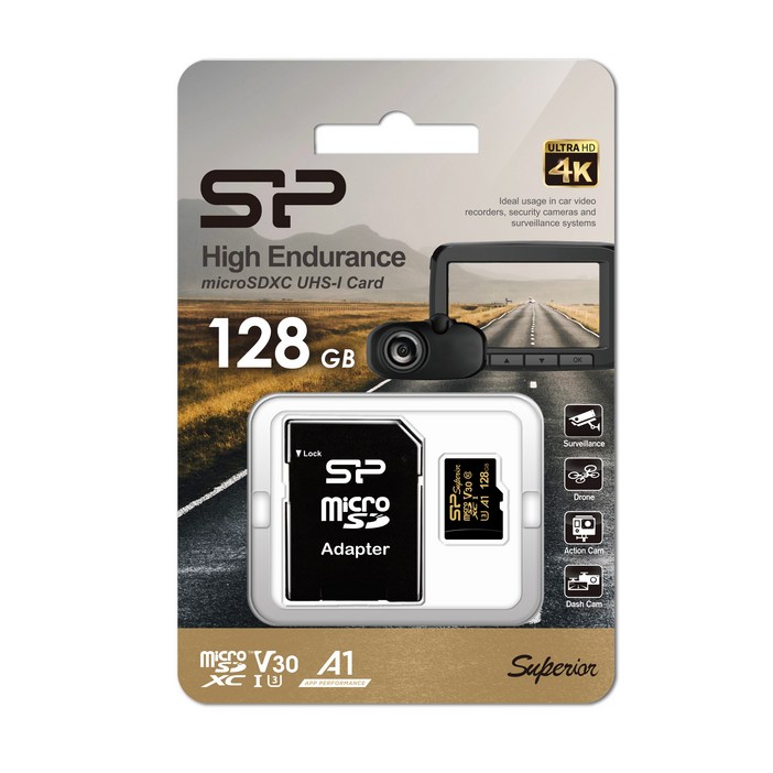 실리콘파워 microSDXC Golden Superior UHSI U3 A1 V30 4K 블랙박스CCTV 최적화, 128GB