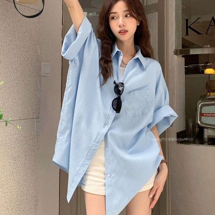 루즈핏 원포켓 여성 반팔 셔츠 남방 캐주얼룩 박시 오버핏