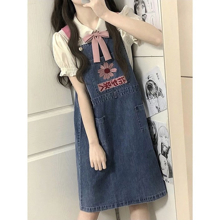 멜빵치마 멜빵 스커트 데이지 자수 데님 서스펜더 여성용 여름 일본 2022 새로운 연령