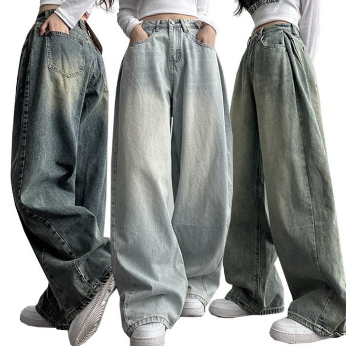여성 기장수선NO![숏,롱/S~XL] 힙무드 벌룬핏 사이드 절개라인 와이드핏 워싱 데님팬츠 세미와이드 청바지 5color 67번