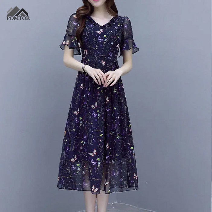 POMTOR 여름 여성 원피스 플라워 쉬폰 슬림 미디원피스