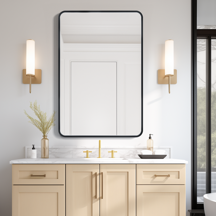 USHOWER 욕실 거울 벽걸이형, 61x91cm 직사각형 메탈 프레임 거울, 모던 스타일 세면대 거울, 블랙