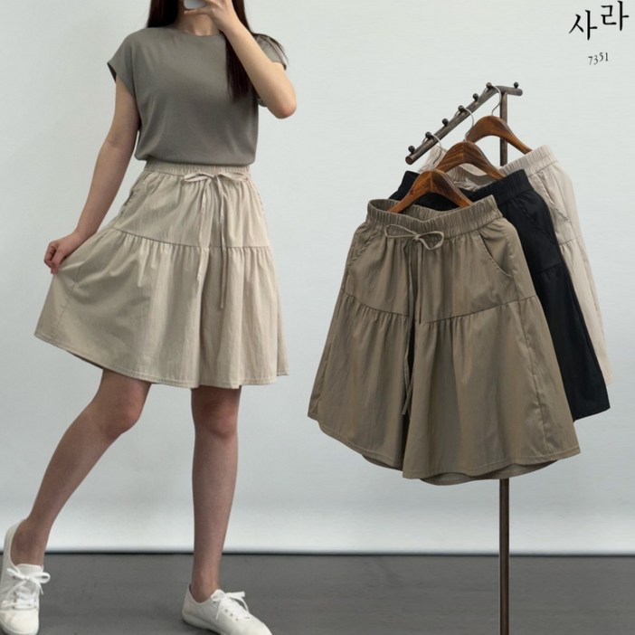 사라7351 여성 여름 통큰 치마 반바지 밴딩 캉캉 플레어 5부 a라인 큐롯 팬츠