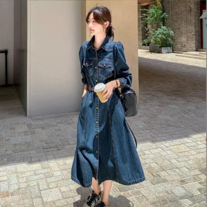 POMTOR 여성 데님 롱원피스 긴팔 슬림핏 A라인 허리밴딩 봄가을 캐주얼룩