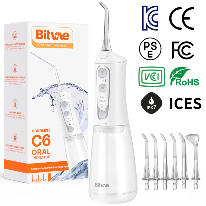 비트베이 C6 휴대용 무선 구강세정기 치간세정기 물칫실 6개노즐팁 2년무상AS Amazon 인기상품, 화이트 비트베이 C6 휴대용 무선 구강세정기 치간세정기 물칫실 6개노즐팁 2년무상AS Amazon 인기상품, 화이트