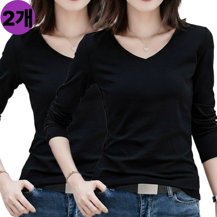 [빠른토끼] 1+1 여성 슬림 브이넥 기모 긴팔 따뜻한 티셔츠 기본 이너 스판