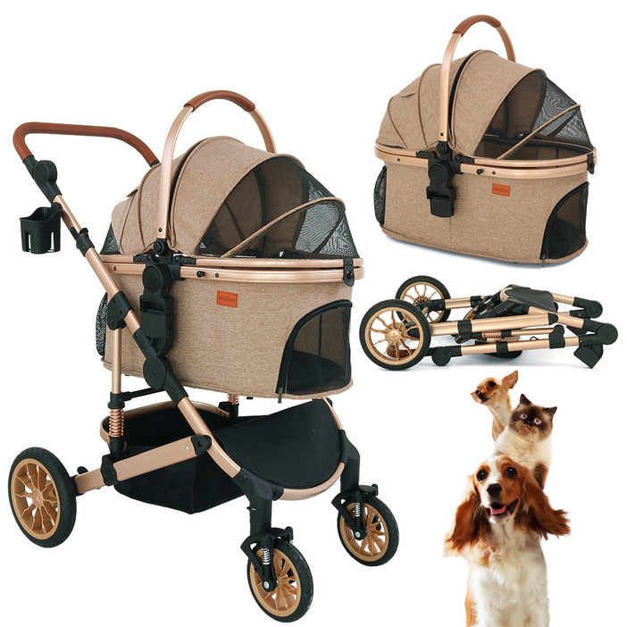 Bicystar 바퀴가 4개 달린 반려동물 유모차 소형/중형 반려견용 접이식 여행용 캐리어 최대 50파운드 탈착식 휴대용 가방 수납 바구니 카시트 3 in 1 다기능, 카키색