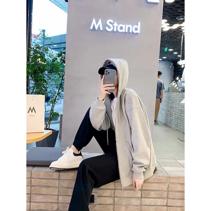 1+1 여성 기모 후드 집업 가디건 스웨터 학생 캐주얼 루즈 슬림