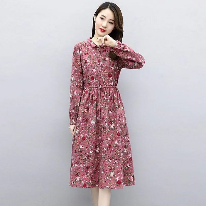지고다그 여성용 가을 봄용 긴팔 플라워 패턴 린넨 면 롱원피스 허리 스트랩  간절기용 YY31614