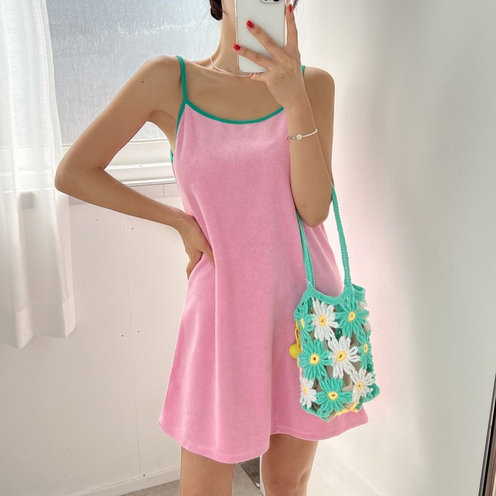 (미니,롱 ver) 타올,비치웨어 랍빠 배색 스퀘어넥 테리 루즈핏 끈 나시 롱 미니 원피스 5color 커버업