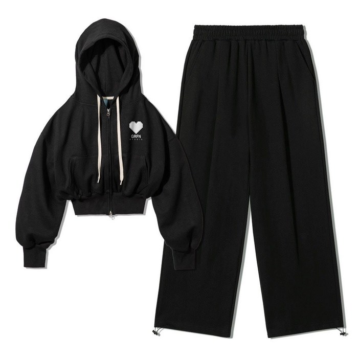 오버핏 특양면 기모 GRFN 크롭 후드 집업  원턱 스트링 트레이닝 팬츠 셋업 블랙