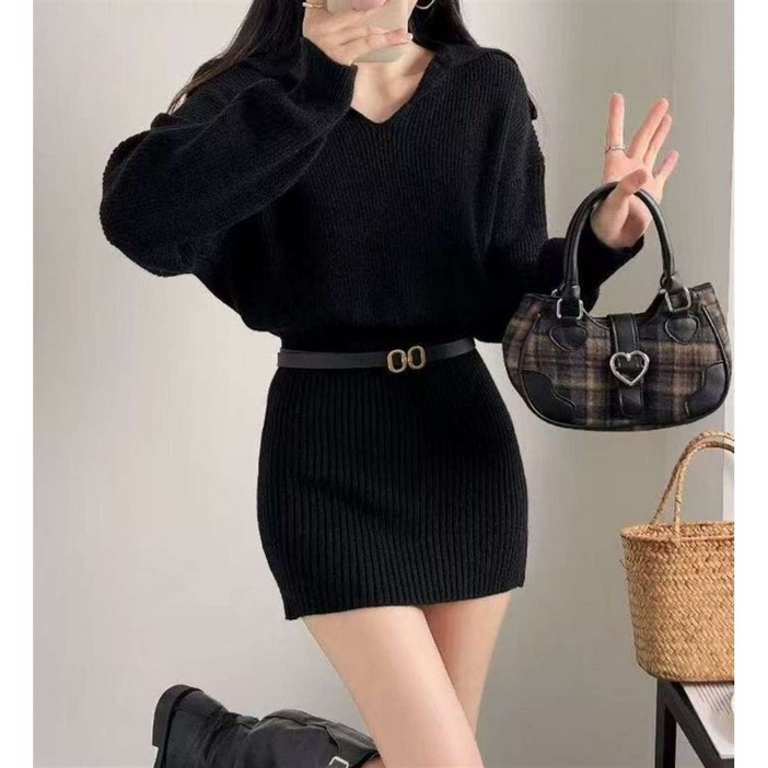 JIEVE 여성용 긴팔 브이넥 미니 니트 원피스 슬림핏 허리벨트 가을겨울 신상 W18