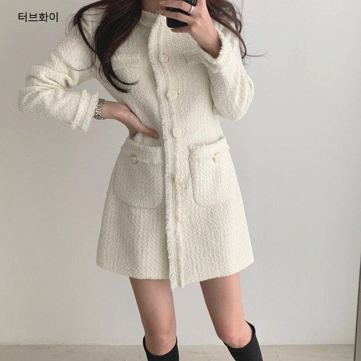 레티고 여성 트위드 롱 버튼 수술 원피스 자켓
