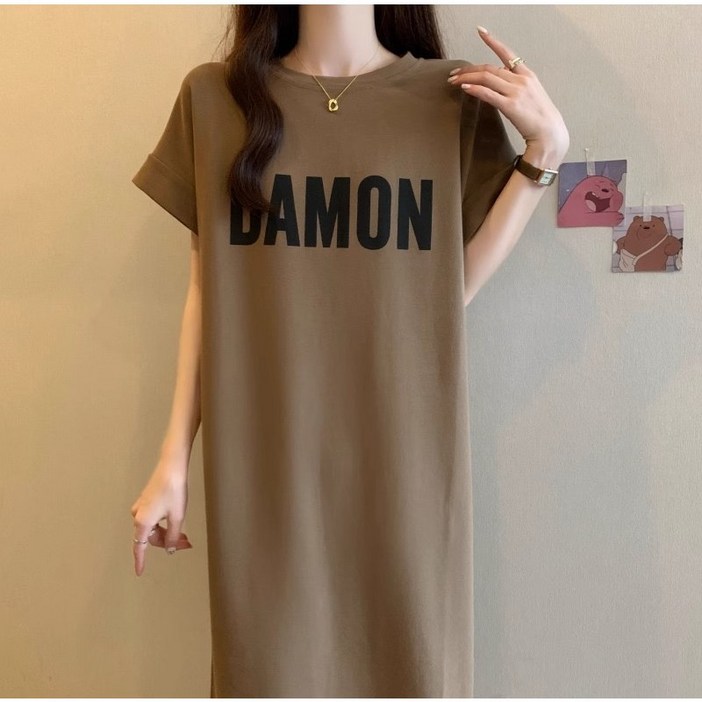 오버핏 레터링 티셔츠 원피스 미니멀 라운드넥 원피스 베어 자수 포인트 티셔츠 원피스