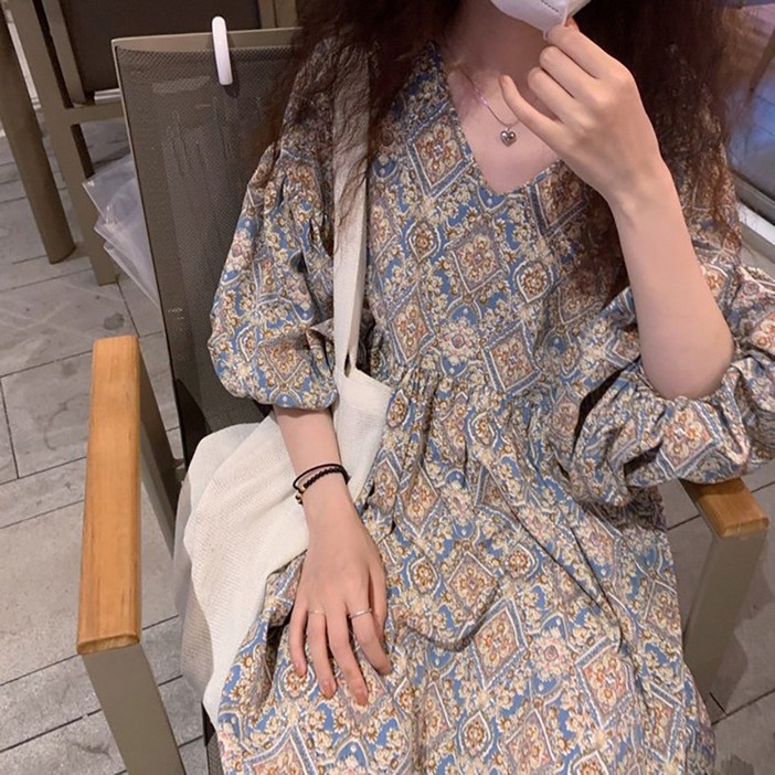 여성 봄 가을 데일리 나들이 휴양지 바캉스 패턴 벌룬핏 롱 원피스 에스닉벌룬원피스